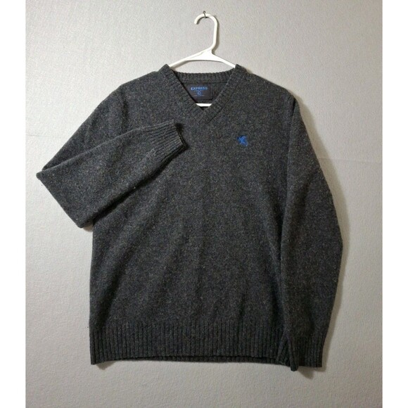 Express Sweater Mens L Gray 100% Lambs Wool V-Neck Knit Long Sleeve Vintage - Picture 2 of 5